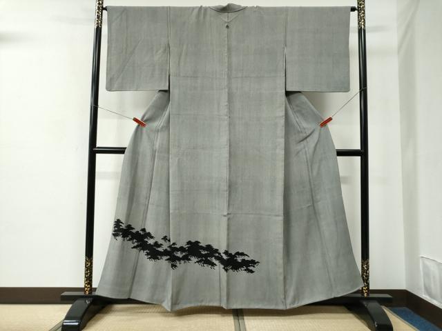 平和屋着物●江戸小紋　色留袖　小宮廉助　万筋　黒色×白鼠色　樹林シルエット　正絹　逸品　CABC7014yc