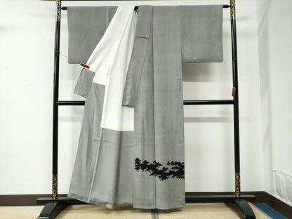 平和屋着物●江戸小紋　色留袖　小宮廉助　万筋　黒色×白鼠色　樹林シルエット　正絹　逸品　CABC7014yc