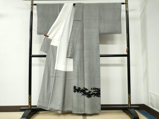 平和屋着物●江戸小紋　色留袖　小宮廉助　万筋　黒色×白鼠色　樹林シルエット　正絹　逸品　CABC7014yc