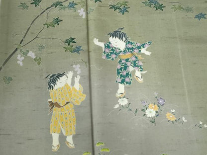 平和屋着物●訪問着　白山紬　友禅　作家物　童子遊び　正絹　逸品　CABC7015yc
