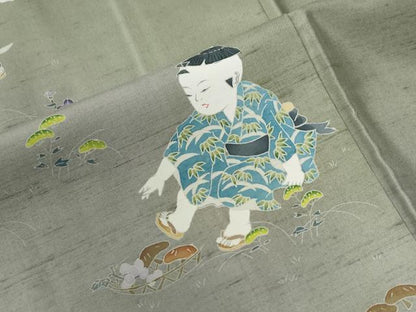平和屋着物●訪問着　白山紬　友禅　作家物　童子遊び　正絹　逸品　CABC7015yc