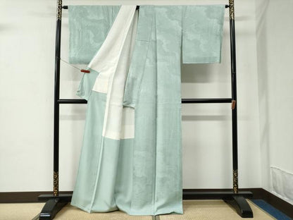 平和屋着物●上質な色無地　立波吉祥花地紋　錆青磁色　正絹　逸品　未使用　CABC7023yc