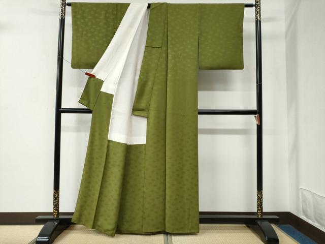 平和屋着物●上質な色無地　花唐草地紋　草色　正絹　逸品　CABC7024yc