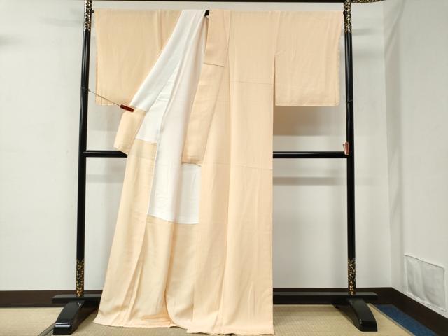 平和屋着物●上質な色無地　縞地紋　薄卵色　ロング丈　正絹　逸品　未使用　CABC7030yc