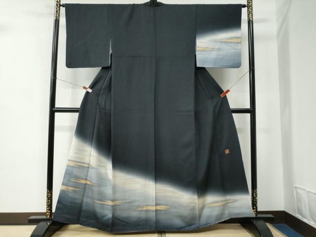 平和屋着物●日本舞踊家 岩井流宗元　岩井友見　訪問着　霞文　暈し染め　黒地　金彩　正絹　逸品　CABC7037yc