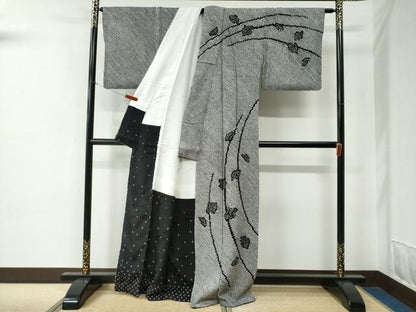 平和屋着物●訪問着　総絞り　舞葉文　黒地　正絹　逸品　CABC7049yc