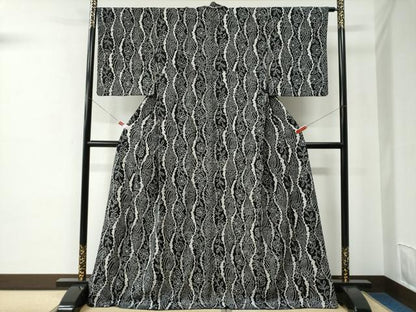 平和屋着物●上質な小紋　総絞り　立涌草花文　黒地　ロング丈　正絹　逸品　CABC7055yc