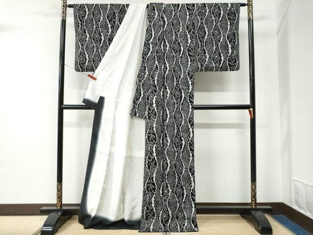 平和屋着物●上質な小紋　総絞り　立涌草花文　黒地　ロング丈　正絹　逸品　CABC7055yc