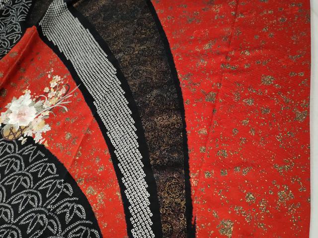 平和屋着物●豪華振袖　駒刺繍　絞り　花車文　黒地　金彩　正絹　逸品　CABC7066yc