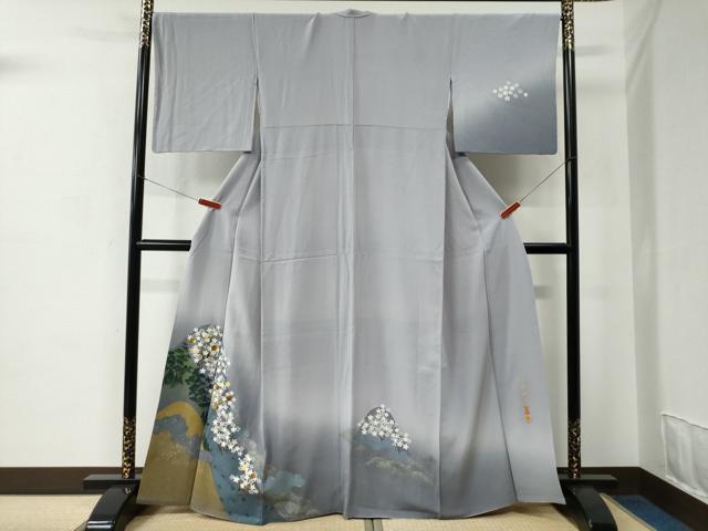平和屋着物●螺鈿作家　藤本隆士　訪問着　遠山流水枝桜文　暈し染め　金彩　正絹　逸品　CABC7067yc
