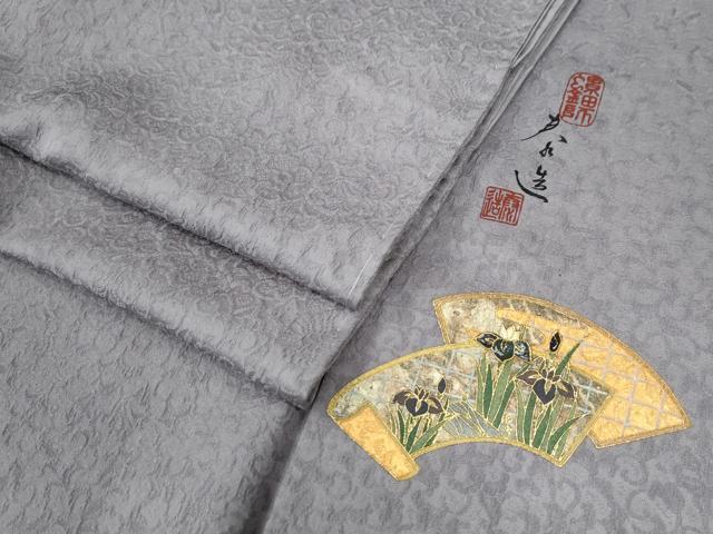 平和屋着物●螺鈿作家　甲斐泰造監修　色無地　花唐草地紋　牡丹鼠色　正絹　逸品　未使用　CABC7072yc