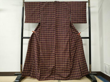 平和屋着物●上質な紬　格子柄　正絹　逸品　CABC7086yc