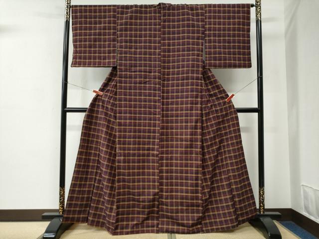 平和屋着物●上質な紬　格子柄　正絹　逸品　CABC7086yc