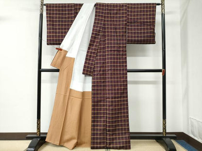 平和屋着物●上質な紬　格子柄　正絹　逸品　CABC7086yc