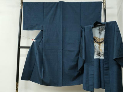 平和屋着物●男性　紬　アンサンブル　色無地　濃紺地　羽裏：虎　正絹　逸品　CABC7093yc
