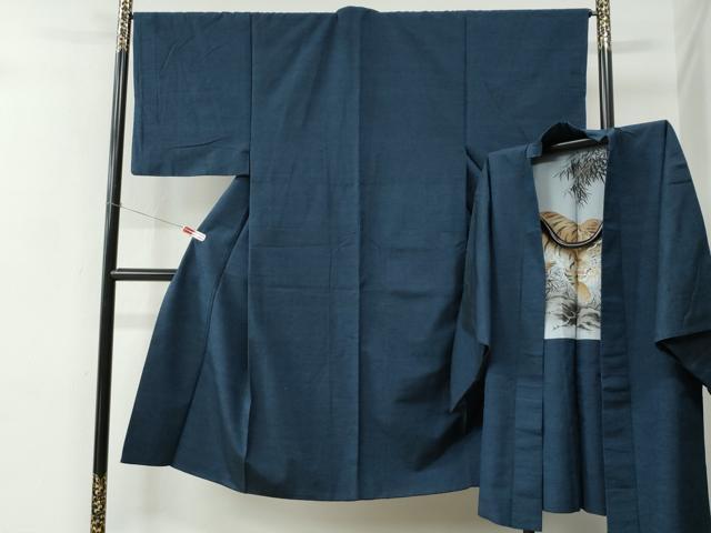 平和屋着物●男性　紬　アンサンブル　色無地　濃紺地　羽裏：虎　正絹　逸品　CABC7093yc