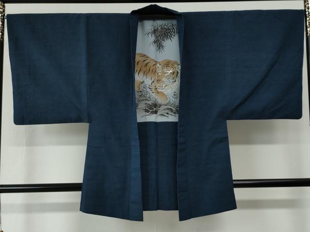 平和屋着物●男性　紬　アンサンブル　色無地　濃紺地　羽裏：虎　正絹　逸品　CABC7093yc