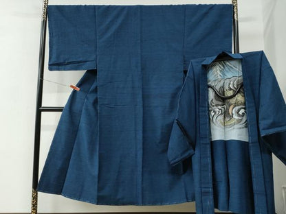 平和屋着物●男性　紬　アンサンブル　霞文　羽裏：虎　正絹　逸品　未使用　CABC7096yc