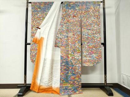 平和屋着物●豪華振袖　型染め　流水風景松竹梅花文　鬼しぼ縮緬　正絹　逸品　CABC7104yc