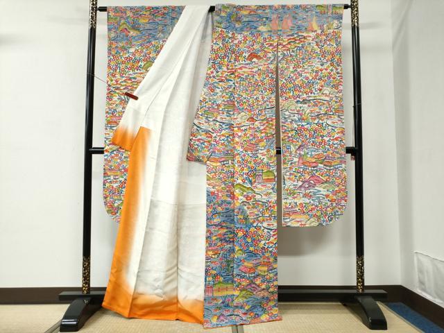 平和屋着物●豪華振袖　型染め　流水風景松竹梅花文　鬼しぼ縮緬　正絹　逸品　CABC7104yc