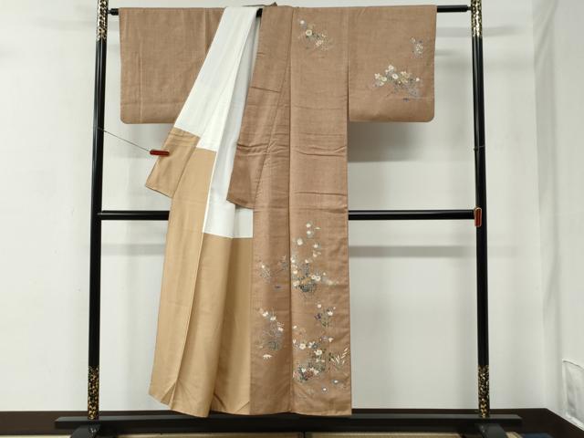 平和屋着物●訪問着　紬地　枝花文　金彩　正絹　逸品　CABC7105yc