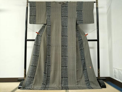 平和屋着物●上質な小紋　作家物　間道　抽象文　ロング丈　正絹　逸品　CABC7109yc