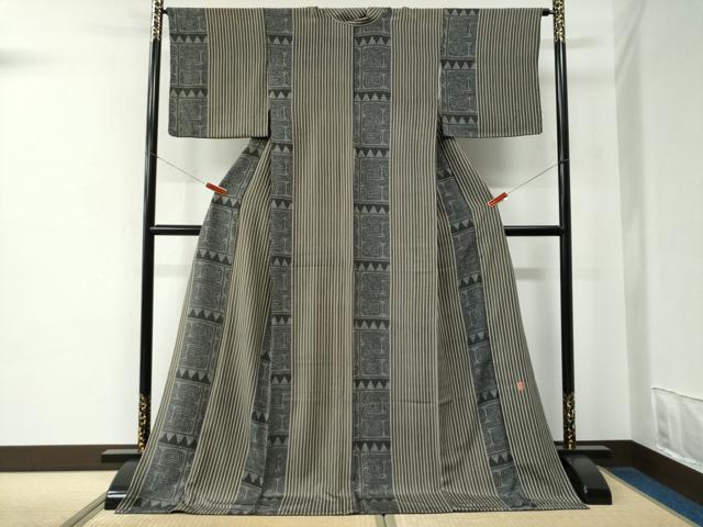 平和屋着物●上質な小紋　作家物　間道　抽象文　ロング丈　正絹　逸品　CABC7109yc