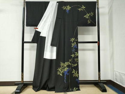平和屋着物●染色作家　寺島利男　訪問着　南天文　黒地　正絹　逸品　未使用　CABC7111yc