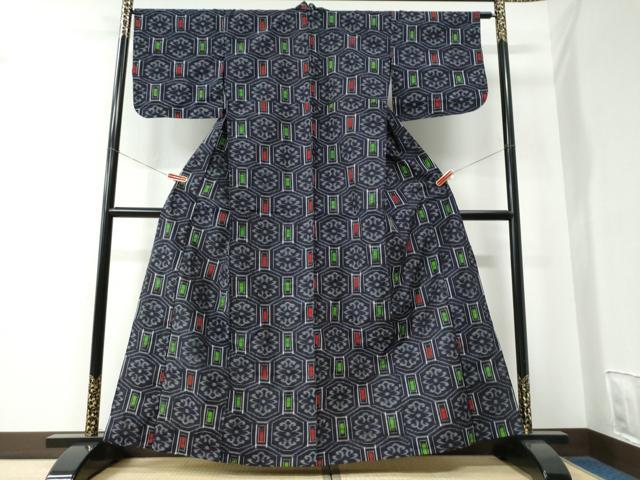 平和屋着物●久留米絣　単衣　蜀江花唐草文　綿　逸品　CABC7118yc