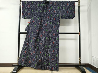 平和屋着物●久留米絣　単衣　蜀江花唐草文　綿　逸品　CABC7118yc
