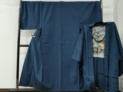 平和屋着物●男性　紬　アンサンブル　色無地　深縹色　羽裏：虎　キングサイズ　正絹　逸品　未使用　CABC7124yc