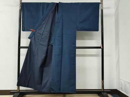 平和屋着物●男性　紬　アンサンブル　色無地　深縹色　羽裏：虎　キングサイズ　正絹　逸品　未使用　CABC7124yc