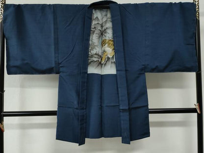 平和屋着物●男性　紬　アンサンブル　色無地　深縹色　羽裏：虎　キングサイズ　正絹　逸品　未使用　CABC7124yc