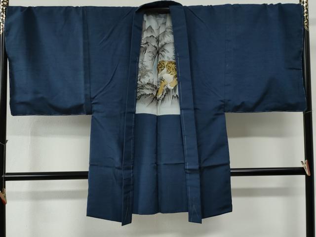 平和屋着物●男性　紬　アンサンブル　色無地　深縹色　羽裏：虎　キングサイズ　正絹　逸品　未使用　CABC7124yc