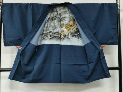 平和屋着物●男性　紬　アンサンブル　色無地　深縹色　羽裏：虎　キングサイズ　正絹　逸品　未使用　CABC7124yc