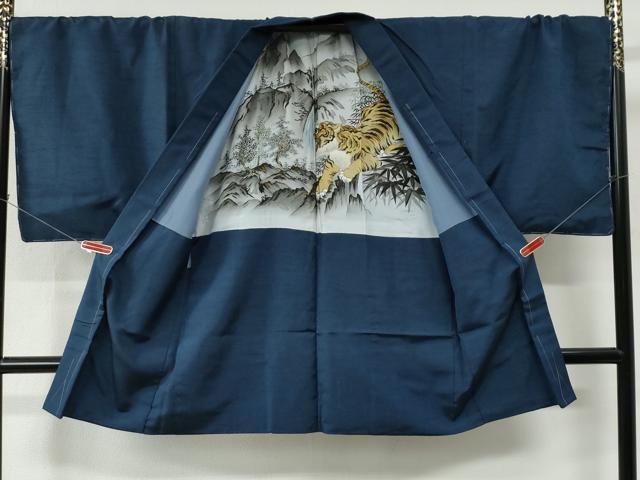 平和屋着物●男性　紬　アンサンブル　色無地　深縹色　羽裏：虎　キングサイズ　正絹　逸品　未使用　CABC7124yc