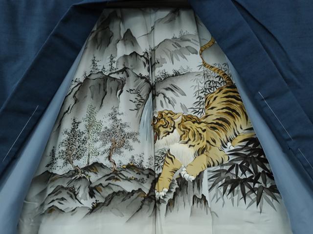 平和屋着物●男性　紬　アンサンブル　色無地　深縹色　羽裏：虎　キングサイズ　正絹　逸品　未使用　CABC7124yc