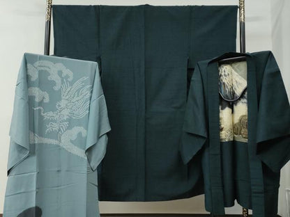 平和屋着物●男性　紬　アンサンブル・長襦袢セット　色無地　褐返色　正絹　逸品　CABC7127yc