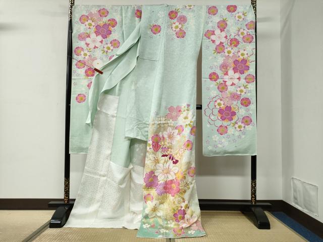 平和屋着物●豪華振袖　花蝶文　暈し染め　銀通し地　仮絵羽　逸品　未使用　CABC7128yc