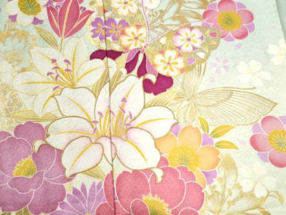 平和屋着物●豪華振袖　花蝶文　暈し染め　銀通し地　仮絵羽　逸品　未使用　CABC7128yc