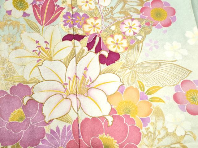 平和屋着物●豪華振袖　花蝶文　暈し染め　銀通し地　仮絵羽　逸品　未使用　CABC7128yc