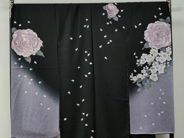平和屋着物●豪華振袖　薔薇　暈し染め　黒地　金彩　仮絵羽　逸品　未使用　CABC7131yc