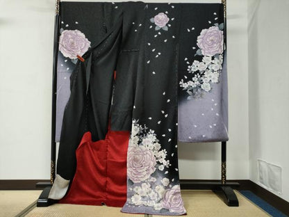 平和屋着物●豪華振袖　薔薇　暈し染め　黒地　金彩　仮絵羽　逸品　未使用　CABC7131yc