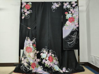 平和屋着物●豪華振袖　牡丹花文　暈し染め　黒地　銀彩　仮絵羽　逸品　未使用　CABC7136yc