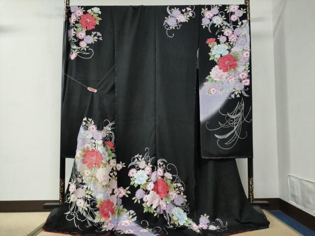 平和屋着物●豪華振袖　牡丹花文　暈し染め　黒地　銀彩　仮絵羽　逸品　未使用　CABC7136yc