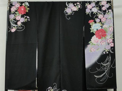 平和屋着物●豪華振袖　牡丹花文　暈し染め　黒地　銀彩　仮絵羽　逸品　未使用　CABC7136yc