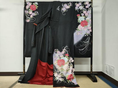 平和屋着物●豪華振袖　牡丹花文　暈し染め　黒地　銀彩　仮絵羽　逸品　未使用　CABC7136yc