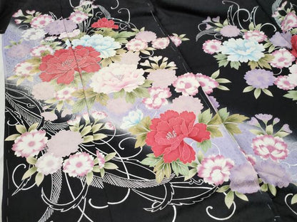 平和屋着物●豪華振袖　牡丹花文　暈し染め　黒地　銀彩　仮絵羽　逸品　未使用　CABC7136yc