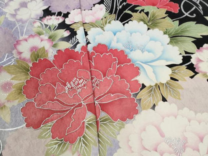 平和屋着物●豪華振袖　牡丹花文　暈し染め　黒地　銀彩　仮絵羽　逸品　未使用　CABC7136yc