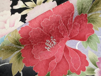 平和屋着物●豪華振袖　牡丹花文　暈し染め　黒地　銀彩　仮絵羽　逸品　未使用　CABC7136yc